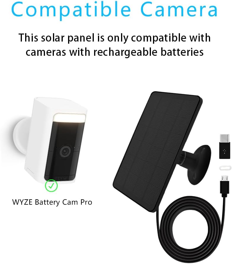 TEKCAM Camera Solar Panel Compatible with WYZE Battery Cam Pro Wireless Outdoor, 4W 5V Solar Panel with 10ft Micro USB Type C Charging Cable for Battery Powered Security Camera, Adjustable Wall Mount, Black - Image 2